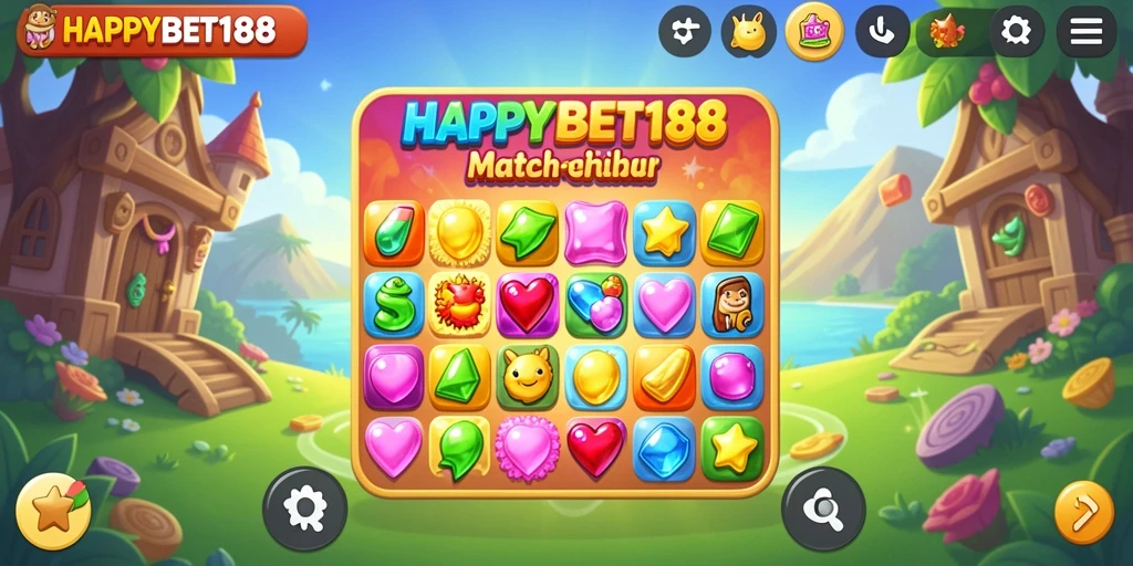 Tampilan gameplay seru dalam HAPPYBET188 dengan kombinasi objek match-3.