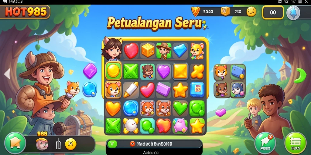 Gameplay seru HOT985 dengan berbagai objek berwarna-warni.