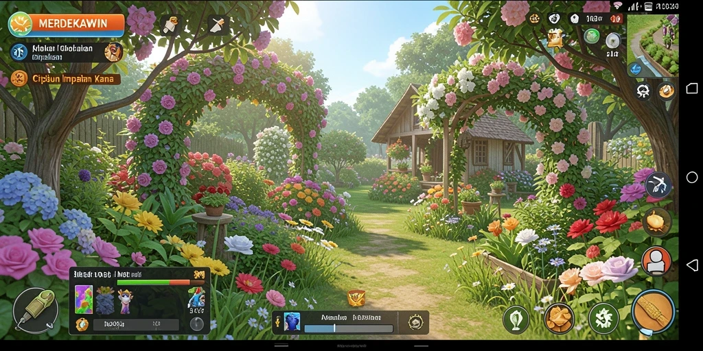 Tampilan gameplay menarik di MERDEKAWIN dengan kebun yang subur dan hewan lucu.