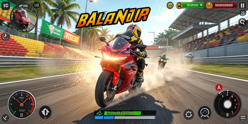 Tangkapan layar menampilkan aksi balapan motor yang menegangkan.